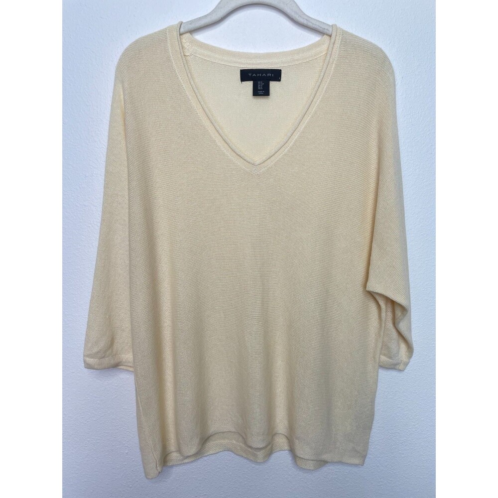 Tahari Small Sweater Pale Yellow Linen Rayon Blend Knit V-Neck Oversized